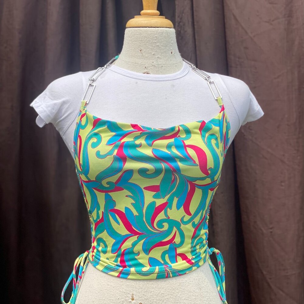 Forever 21 Paisley Halter Top Chain Strap Ruched Backless S